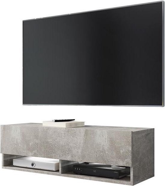 foto van een Hangend TV meubel TV dressoir Wander smal model grijs beton uitstraling